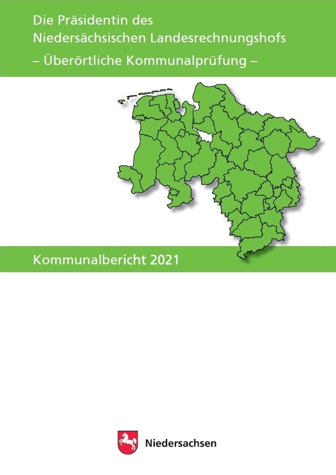 Foto vom Deckblatt des Kommunalberichts 2021 mit Landkarte Niedersachsens und Landkreis-Grenzen