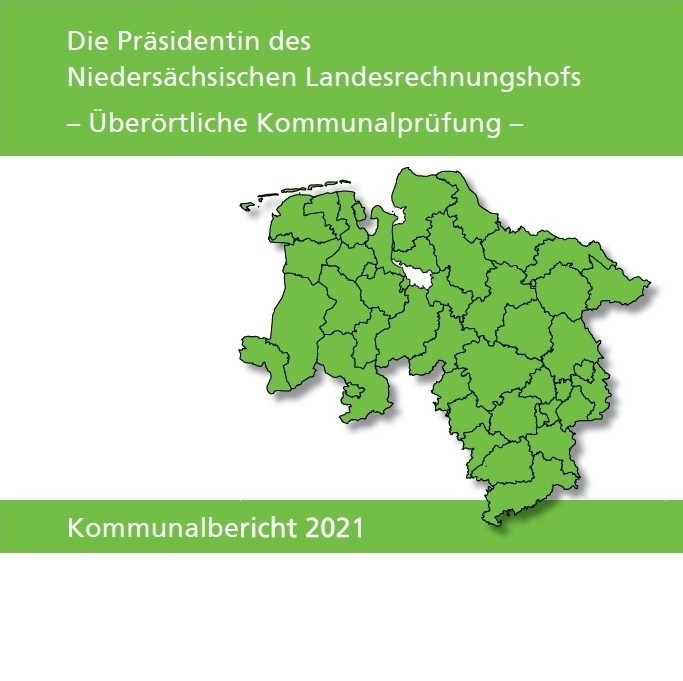 Foto vom Deckblatt des Kommunalberichts 2021 mit Landkarte Niedersachsens und Landkreis-Grenzen